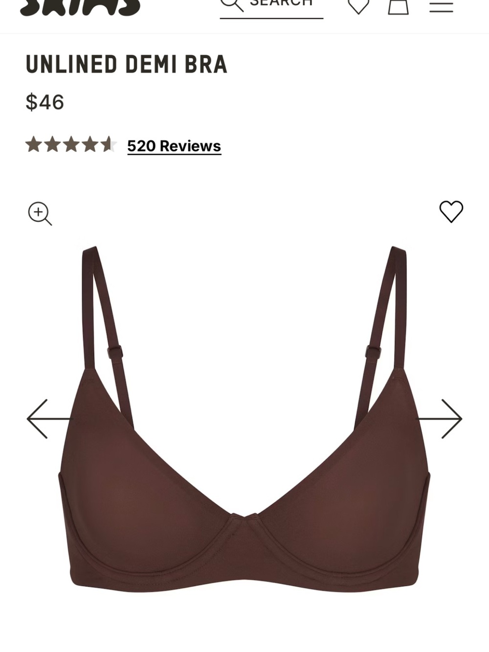 Skims Unlined Demi Bra Chocolate Brown 36C Underwire